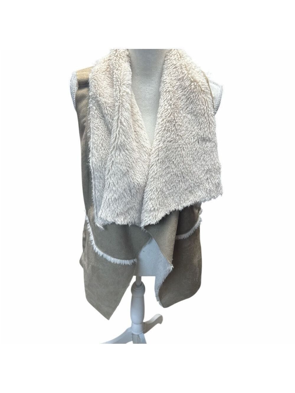 Quinn Tan Faux Suede Vest With Ivory Shearling, Lining Size M